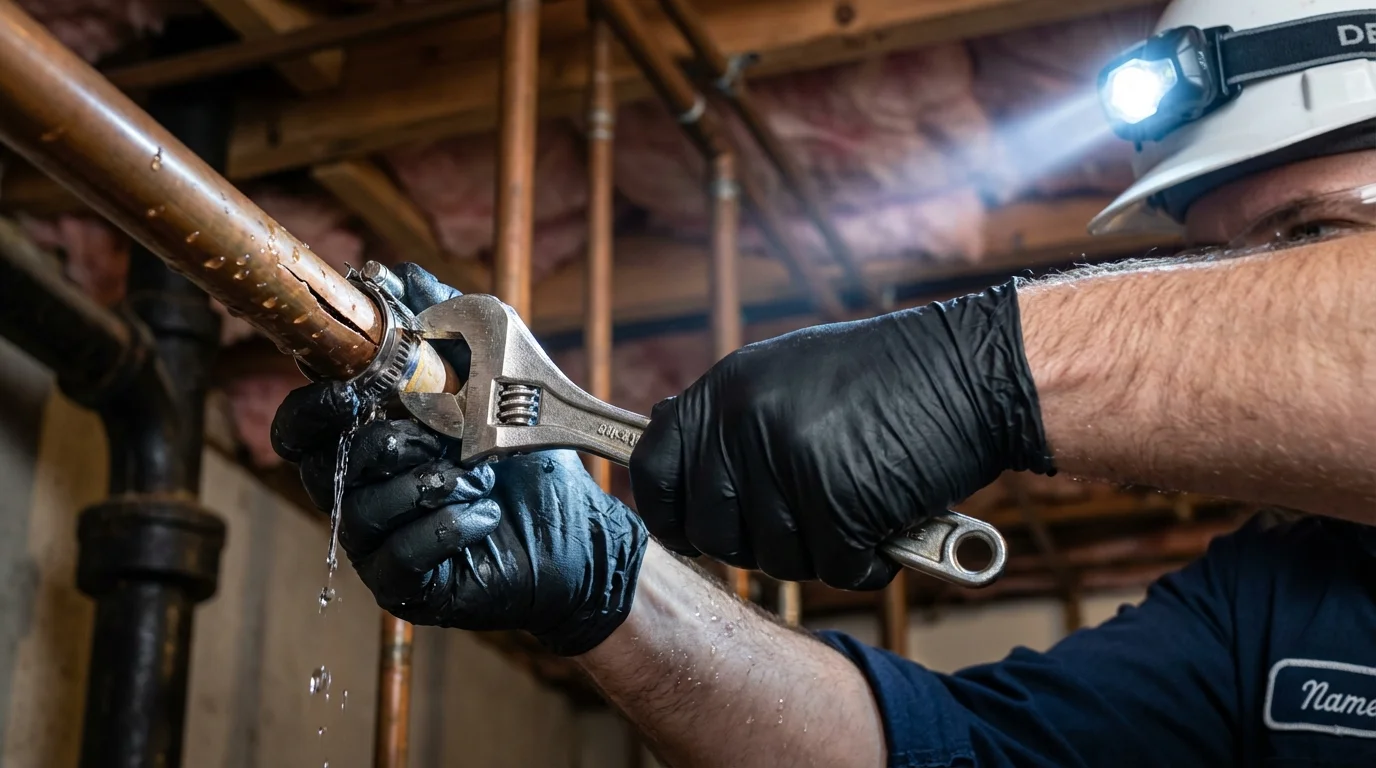 Emergency pipe clamp repair being performed by a Johns Plumbing LLC plumber in Haw River