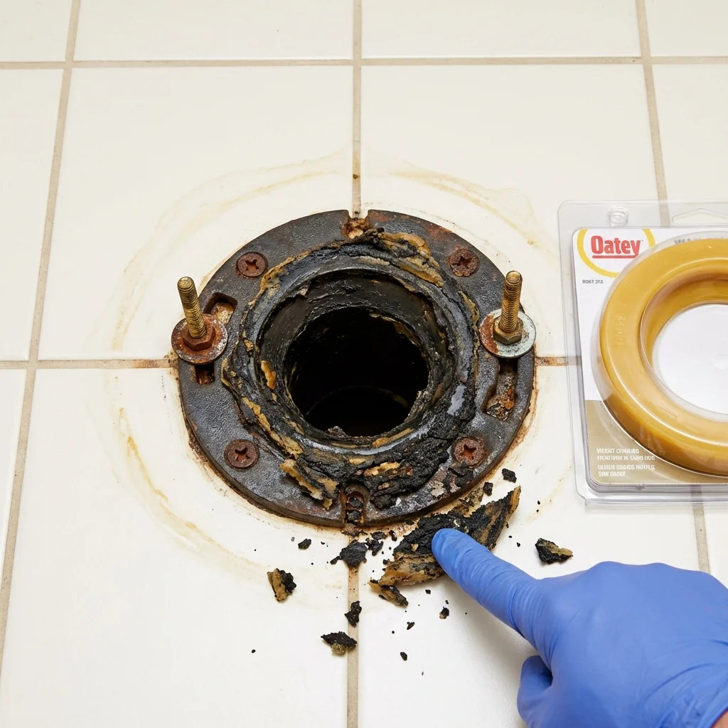 Failed wax ring showing water seepage at the base of a toilet in a Haw River, NC home