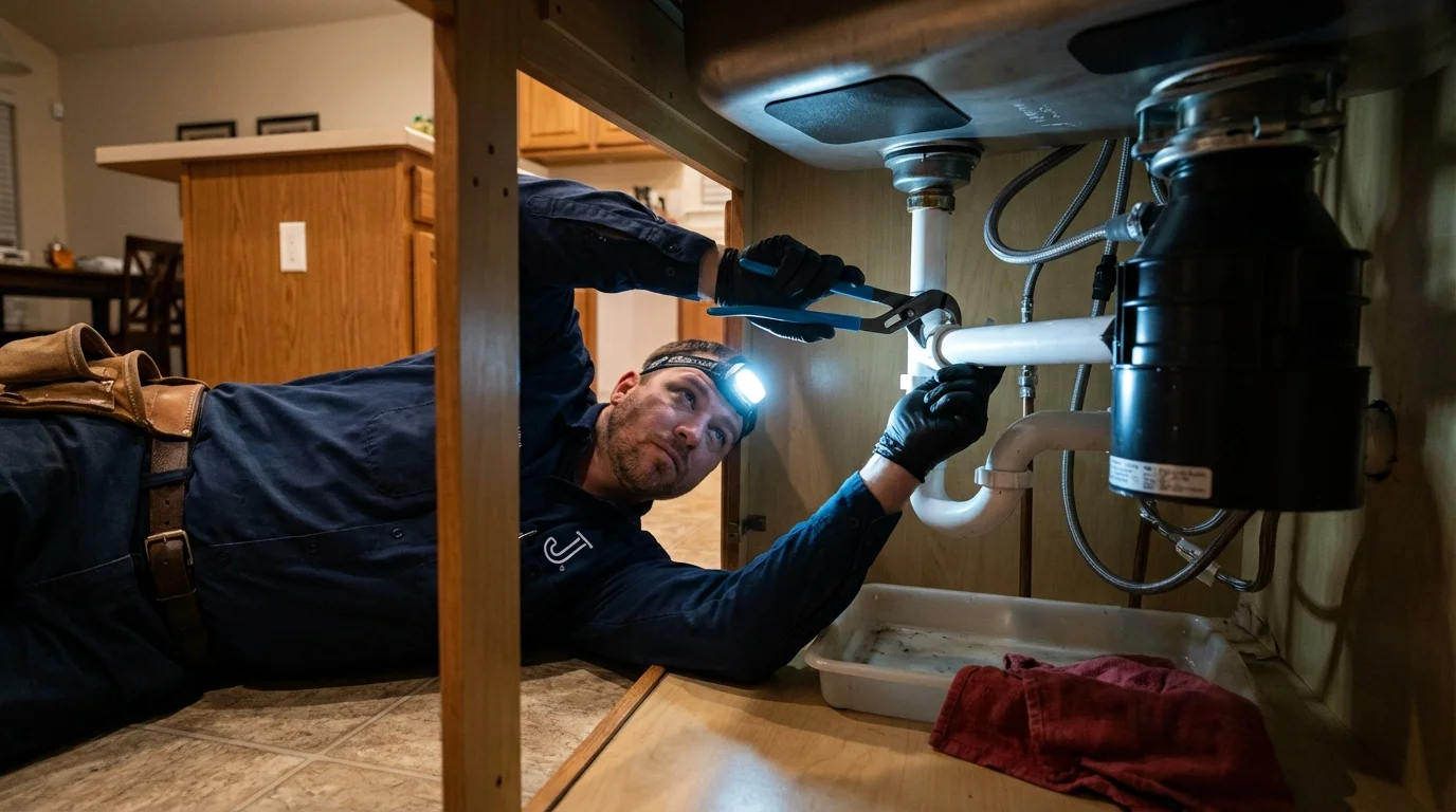 P-trap and supply line connections under a kitchen sink showing a common leak point in Haw River, NC